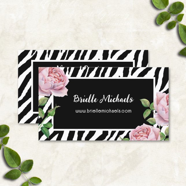 Cartão De Visita Padrão Girly Zebra Stripes Com Rosas Rosa (Zebra Stripes Pattern With Pink Roses Business Cards)