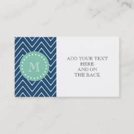 Cartão De Visita Padrão marinho Blue Chevron | Monograma Verde Mint