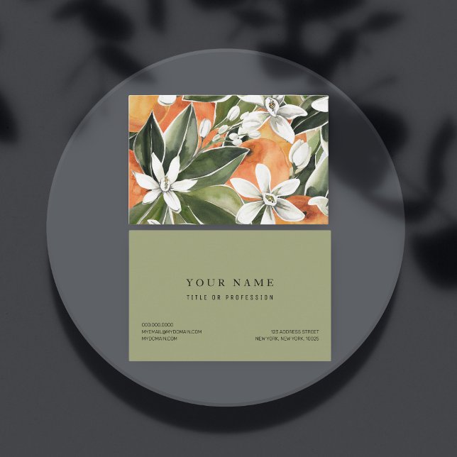 Cartão De Visita Padrão Tropical Laranja e Flores de Água (Criador carregado)
