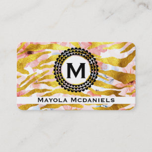 Cartão De Visita Padrão Zebra Dourada Flores Rosa