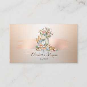 Cartão De Visita Pães Rústicos Flor Rosa Dourado Pincelada Padaria