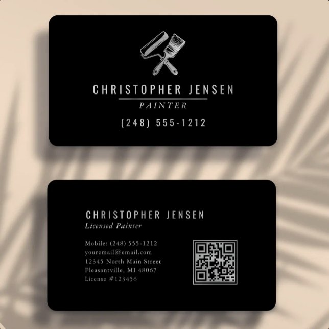 Cartão De Visita Painter QR Code Black Silver Rounded Painting (Criador carregado)