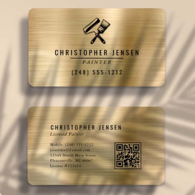 Cartão De Visita Painter QR Code Gold Black Metallic Rounded (Criador carregado)