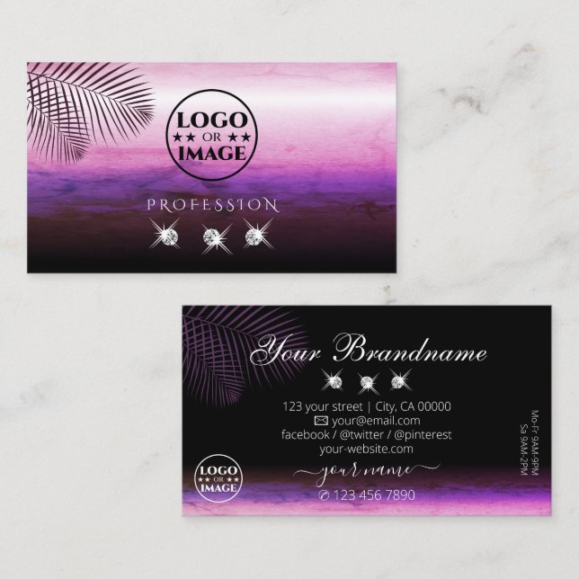 Cartão De Visita Palma de Aquarela Rosa Púrpura Deixa As Joias Adic (Frente/Verso)