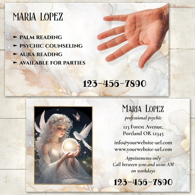 Cartão De Visita Palma psicológica ou foto do leitor Aura (Business card featuring a dreamy ivory artistic design with a hand palm - palm reader - psychic)
