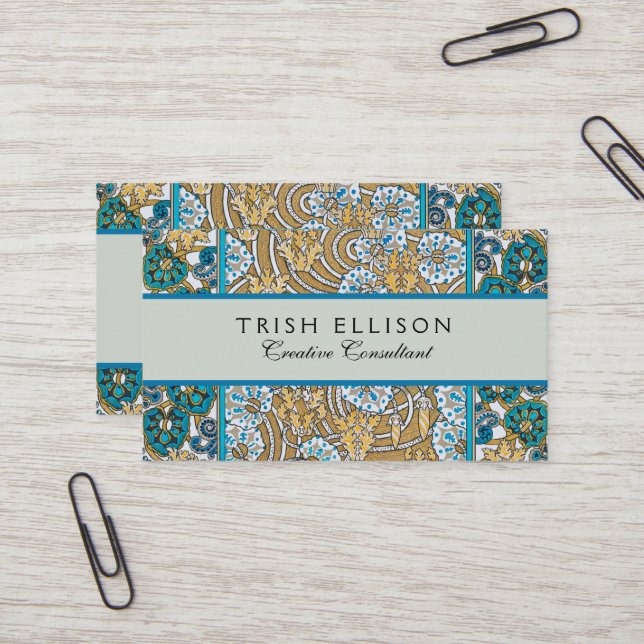 Cartão De Visita papel de parede de flores azul-de-art-nouveau (Frente/Verso In Situ)