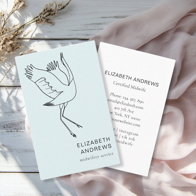 Cartão De Visita Parteira, Storch, Azul (Modern, blue business card. Line Art Illustration, Storch. For childcare, midwives and more.)