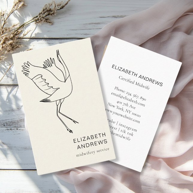 Cartão De Visita Parteira, Storch, Beige (Modern, beige business card. Line Art Illustration, Storch. for childcare, midwives and more.)