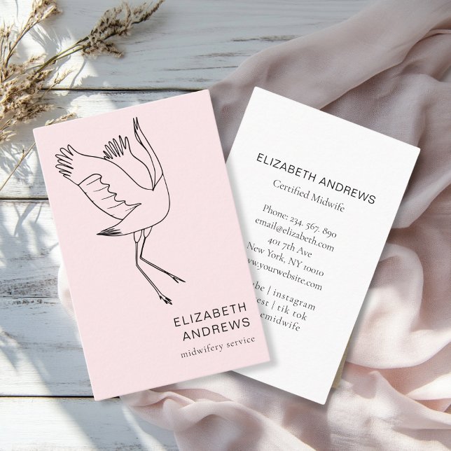 Cartão De Visita Parteira, Storch, Rosa Claro (Modern, light pink business card. Line Art Illustration, Storch. For childcare, midwives and more.)