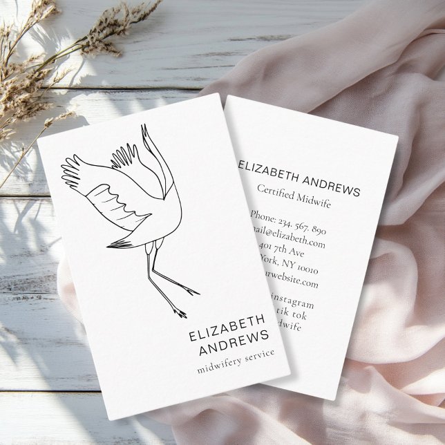 Cartão De Visita Parteira, Storch, White (Modern, white business card. Line Art Illustration, Storch. For childcare, midwives and more.)