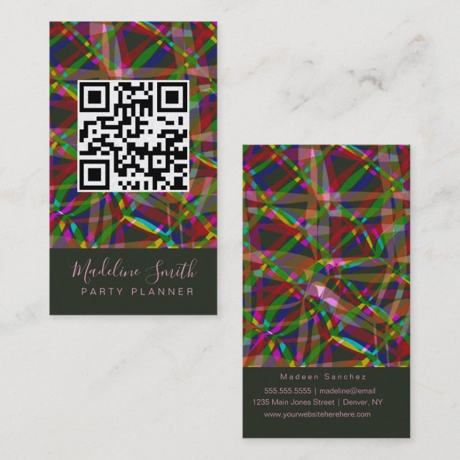 Cartão De Visita Party Planner Streamers QR Code (Frente/Verso)