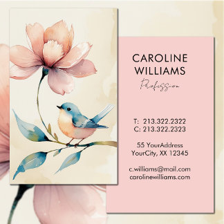 Cartão De Visita Passarinho azul fofo flor rosa aquarela