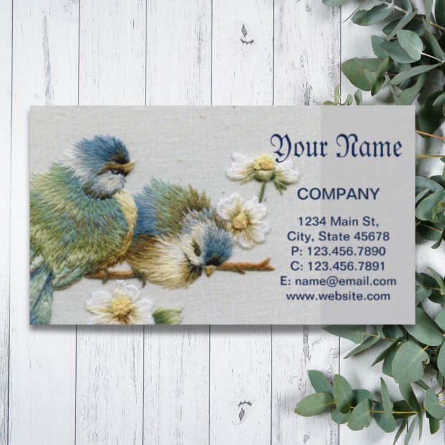 Cartão De Visita pássaro bordado verde da horta floral (cute floral teal mint green embroidery bird business card)