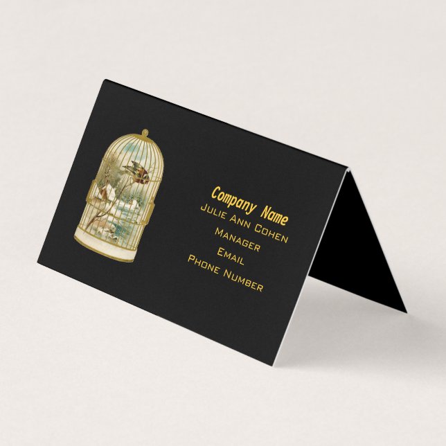 Cartão De Visita Pássaro na ramificação em Dourada Birdcage Cena de (Frente)