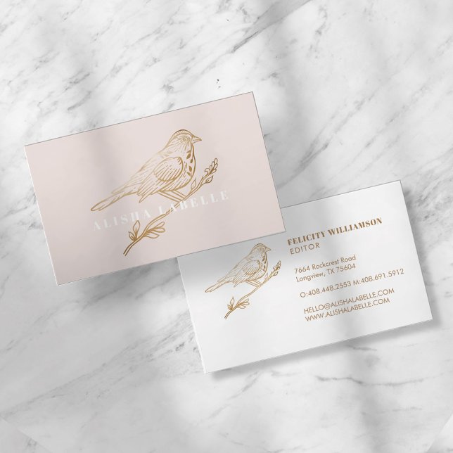 Cartão De Visita Pássaro Pálido Leve Rosa e Dourado Perchido (Criador carregado)
