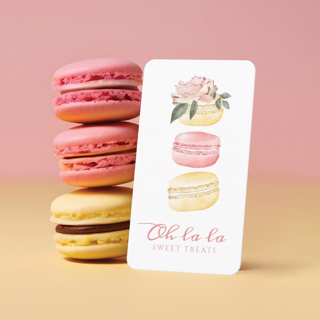 Cartão De Visita Pasta Amarelo-Amarelo-Aquarela-Aquarela (Watercolor Floral Yellow Macaron Bakery & Sweets Business Card)
