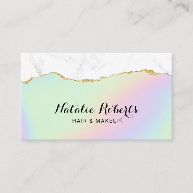 Cartão De Visita Pastel Holográfico Dourado Salão de Beleza Marble (Frente)