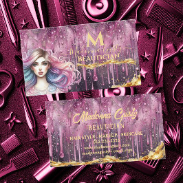 Cartão De Visita Pastel Magenta Dourado Monograma Beautician
