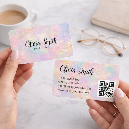 Cartão De Visita Pastel Marble Script Name and Gold Accents QR Code