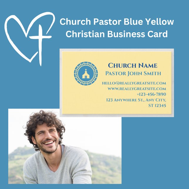 Cartão De Visita Pastor Azul-Amarelo-Cristão (Church Pastor Blue Yellow Christian Business Cards)