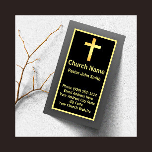 Cartão De Visita Pastor da Igreja Elegante Simples Preto Dourado