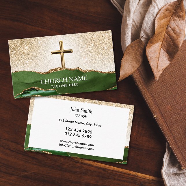 Cartão De Visita Pastor Deacon Bishop Dourado Cross (gold cross with green agate mountains and glitter gold sky church business cards for deacon, bishop)