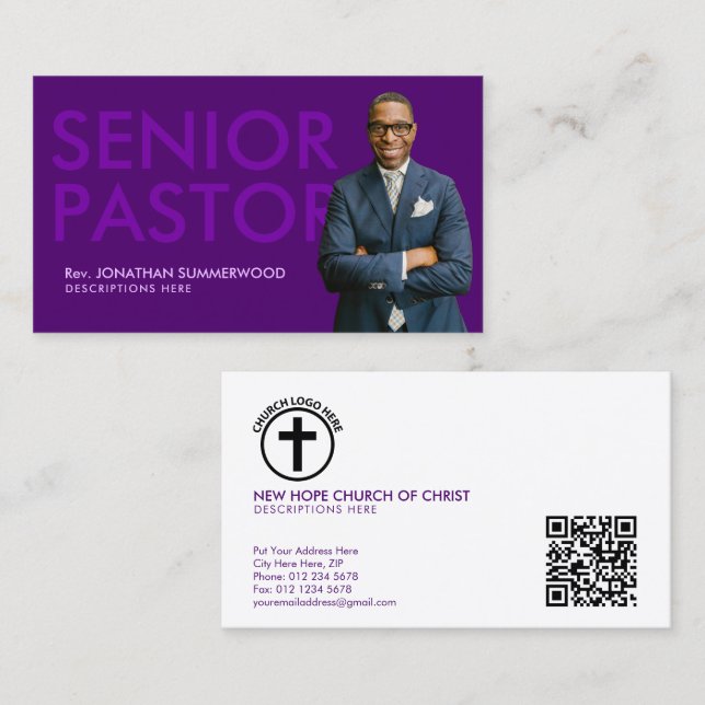 Cartão De Visita Pastor Mais velho moderno com Púrpura Fotográfica (Frente/Verso)