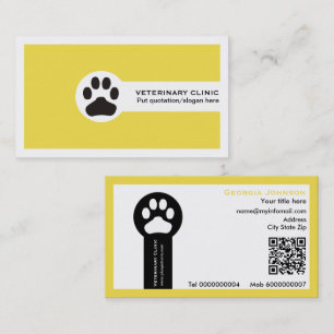 Cartão De Visita Pata e código QR amarelo Clínica Veterinária/Vet