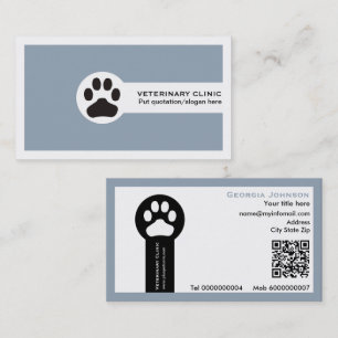 Cartão De Visita Pata e código QR azul empoeirado Clínica Veterinár