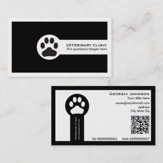 Cartão De Visita Pata e código QR preto Clínica Veterinária 