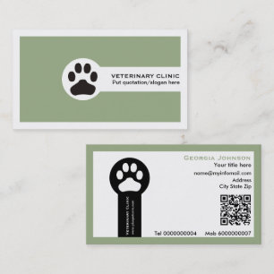 Cartão De Visita Pata e código QR verde sage Clínica Veterinária 