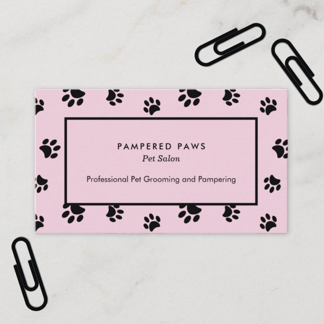 Cartão De Visita Pata rosa e preta imprime salão profissional de an (Pink and Black Paw Prints Professional Pet Salon Business Card)