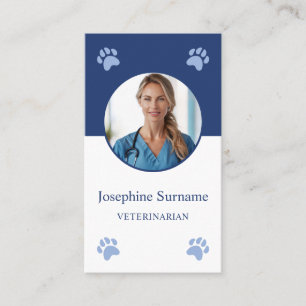 Cartão De Visita Patas Azuis e Foto Personalizada Clínica Veterinár