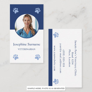 Cartão De Visita Patas Azuis e Foto Personalizada Clínica Veterinár