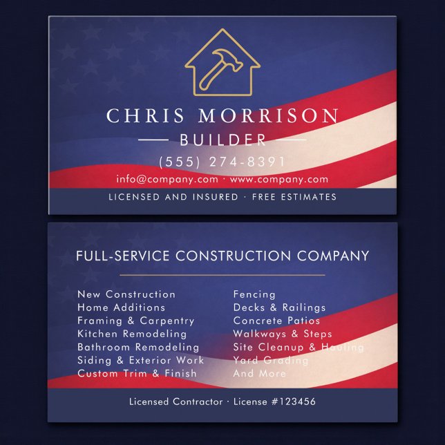Cartão De Visita Patriotic Builder Modern Construction  (Criador carregado)