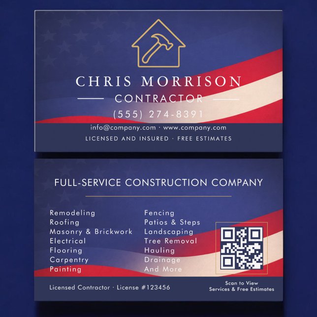 Cartão De Visita Patriotic Contractor Construction QR Code (Criador carregado)