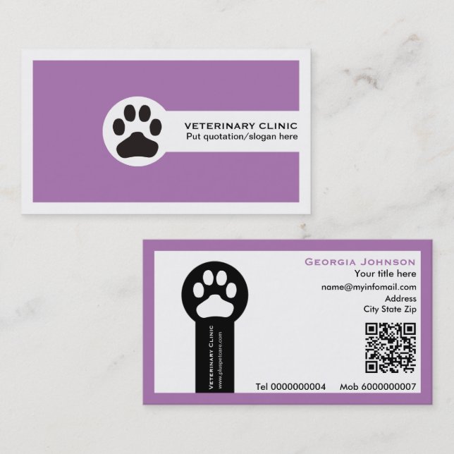 Cartão De Visita Paw and QR code purple Vet/Veterinary Clinic  (Frente/Verso)
