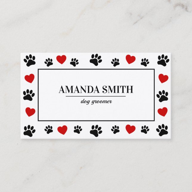 Cartão De Visita Paw & Heart Prints Dog Groomer Business Card (Frente)