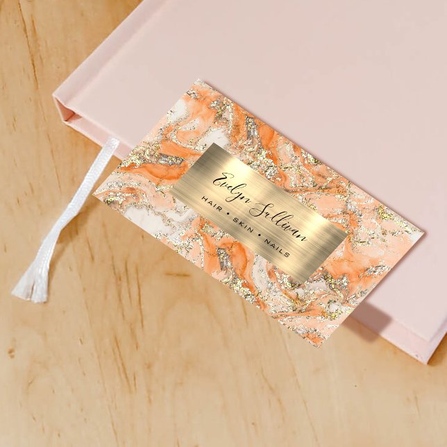 Cartão De Visita Peach Dourado Fluid Marble (Criador carregado)