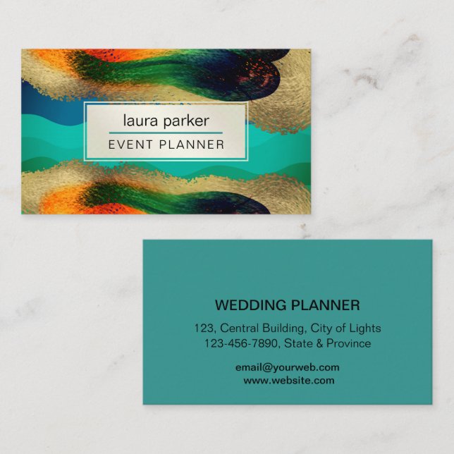 Cartão De Visita Peacock Dourado Glitter Elegante Blue Green Modern (Frente/Verso)