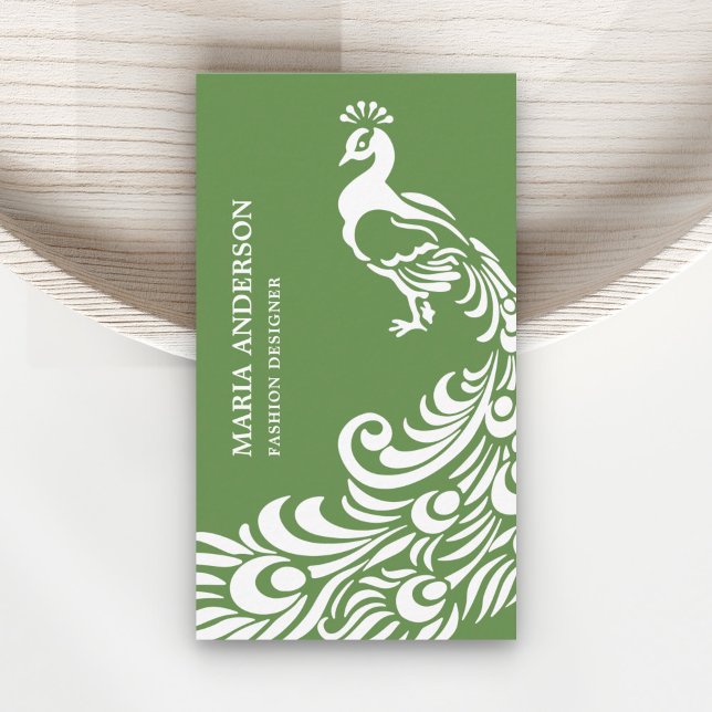 Cartão De Visita Peacock Verde e Branco Moderno Elegante (Criador carregado)