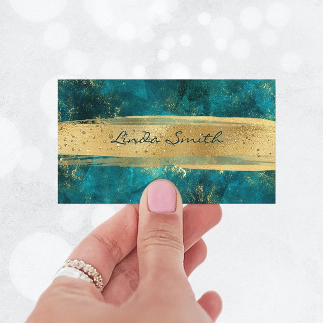 Cartão De Visita Pedra Teal Turquesa Glitter Traços Dourados Pincel (Turquoise Teal Stone Glitter Gold Brush Strokes Business Card)