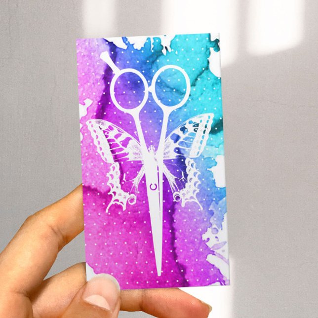 Cartão De Visita Pêlos Stylist Borboleta e Tesoura Classy Watercolo (Criador carregado)