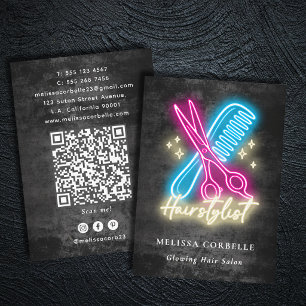 Cartão De Visita Penteado Neon Glow & Black Grunge Código QR