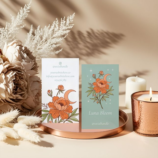 Cartão De Visita Peônia Floral em Flor Celestial Holístico Lua (Blooming Floral Peony Celestial Holistic Moon Business Card)