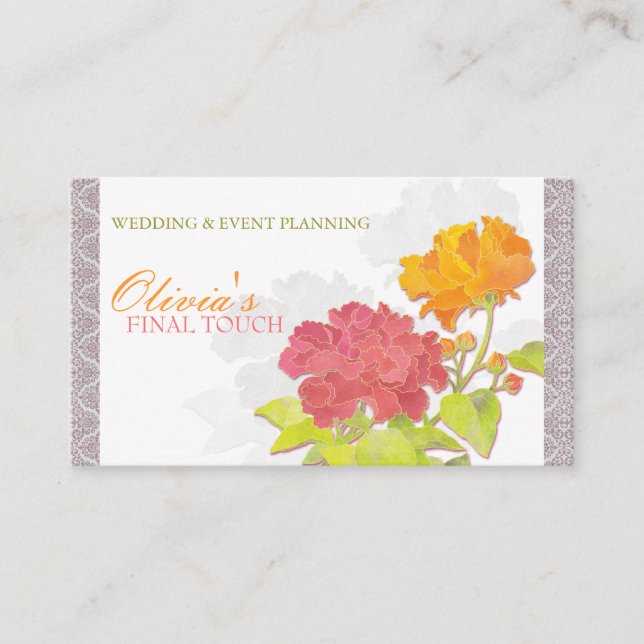 Cartão De Visita Peony Asiático em Chic Damask (Frente)