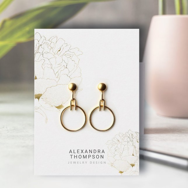Cartão De Visita Peony Faux Dourado Modern Sketch Jewelry Display (floral earrings jewelry display card faux gold peony art sketch modern minimalist elegant template)