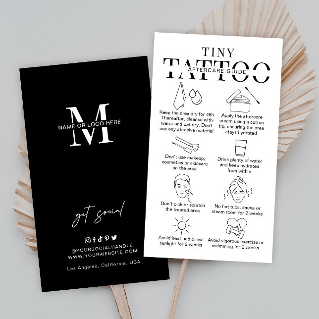 Cartão De Visita Pequena tatuagem Instruções para cuidados mínimos  (Minimalist tiny tattoo aftercare cards with care icons and space for your business details)
