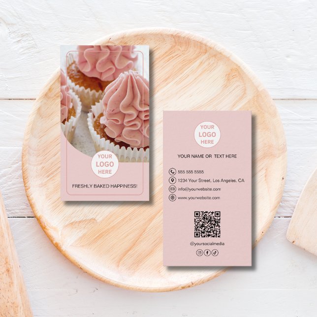 Cartão de Visita Personalizado de Padaria com Logo (Bakery Custom Photo Logo QR Pink Business Card)