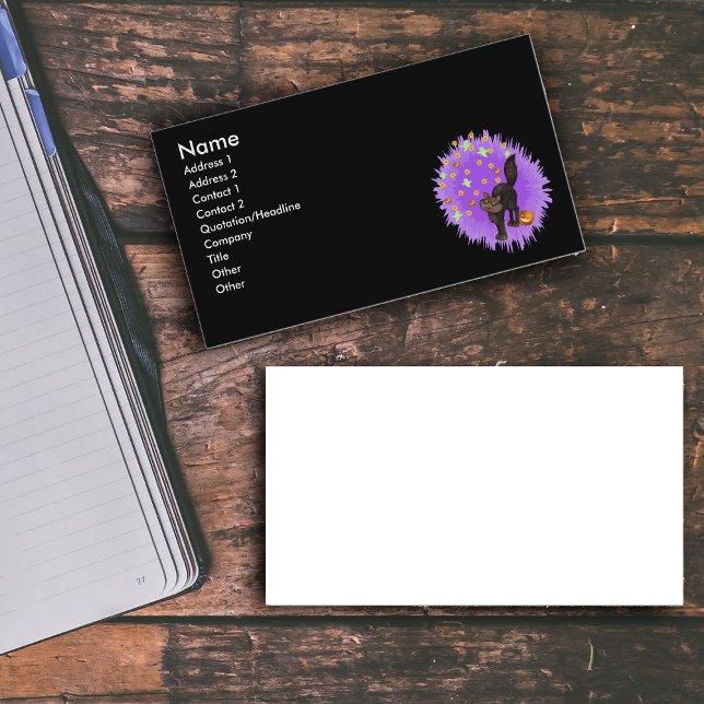 Cartão de visita Personalizado do Fireworks do Bla (Cute black cat arched back with pumpkins ghosts stars in purple starburst on black business cards.)